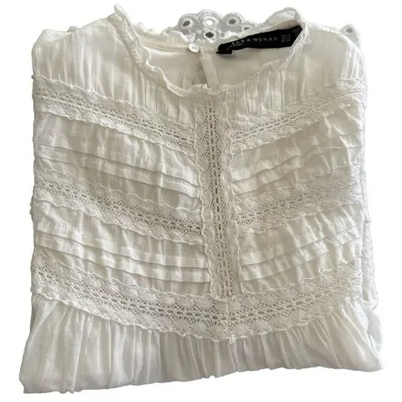 Zara White Top Blouse Ruffle Sleeve Crewneck Romantic Style Formal Size XS - Picture 2 of 10